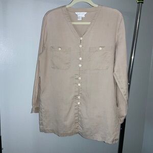 Toto n Ko linen button front blouse Sz S split neck patch pockets button cuffs